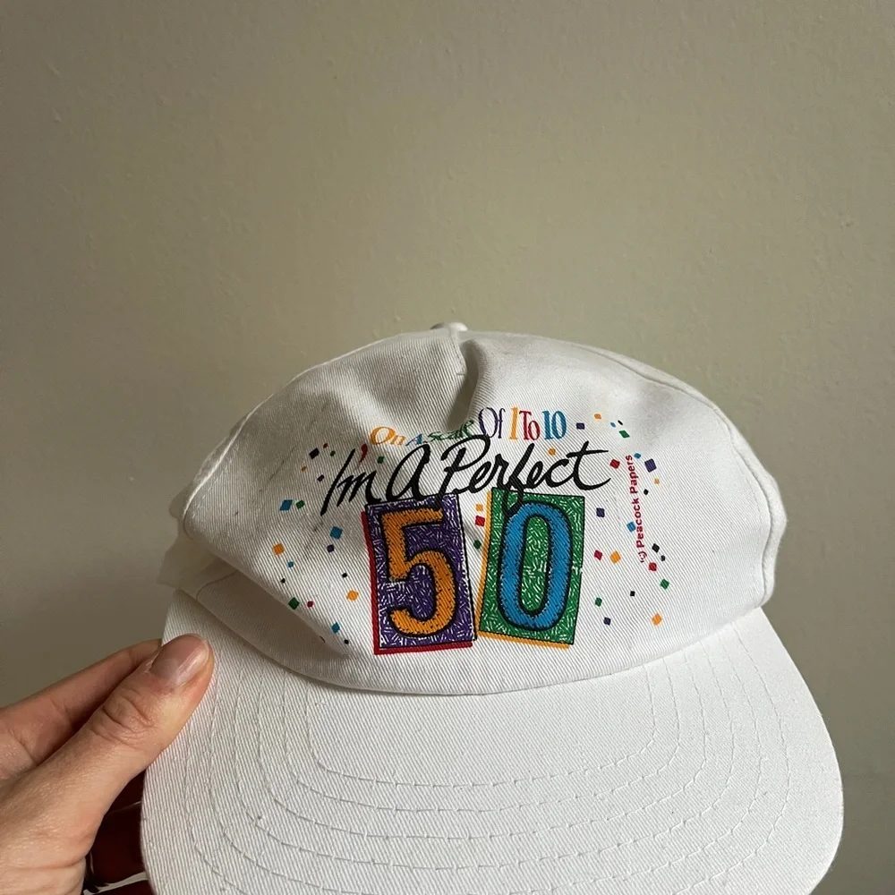 Vintage White Graphic Cap “I’m a perfect 50” birthday hat - Picture 1 of 5